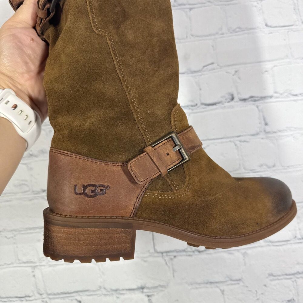 Ugg Australia Tall Boots Size 7.5 Everglade Leather Suede Buckle Distressed - Picture 8 of 12